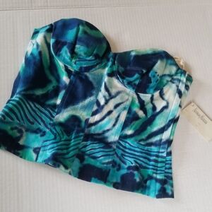 NWT Vintage 80s Crisca Blue, Green, White Bustier Top w Peplum & Boning Size 36